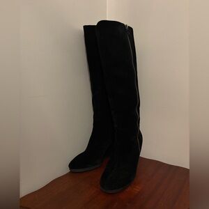 Black Suede Knee High Franco Sarto Boots Size 8 1/2 Zip Closure Wedge Heel